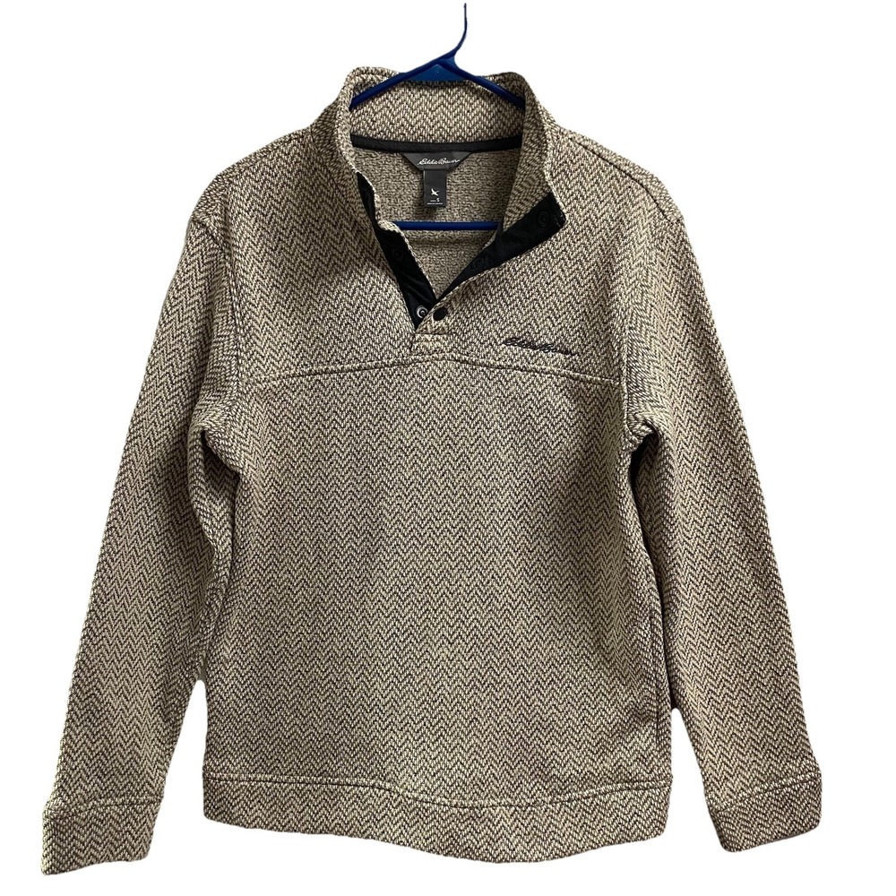 Eddie Bauer Mens 1/4 Button Long‎ Sleeve Pullover Sweater Shirt-Sz. S Beige